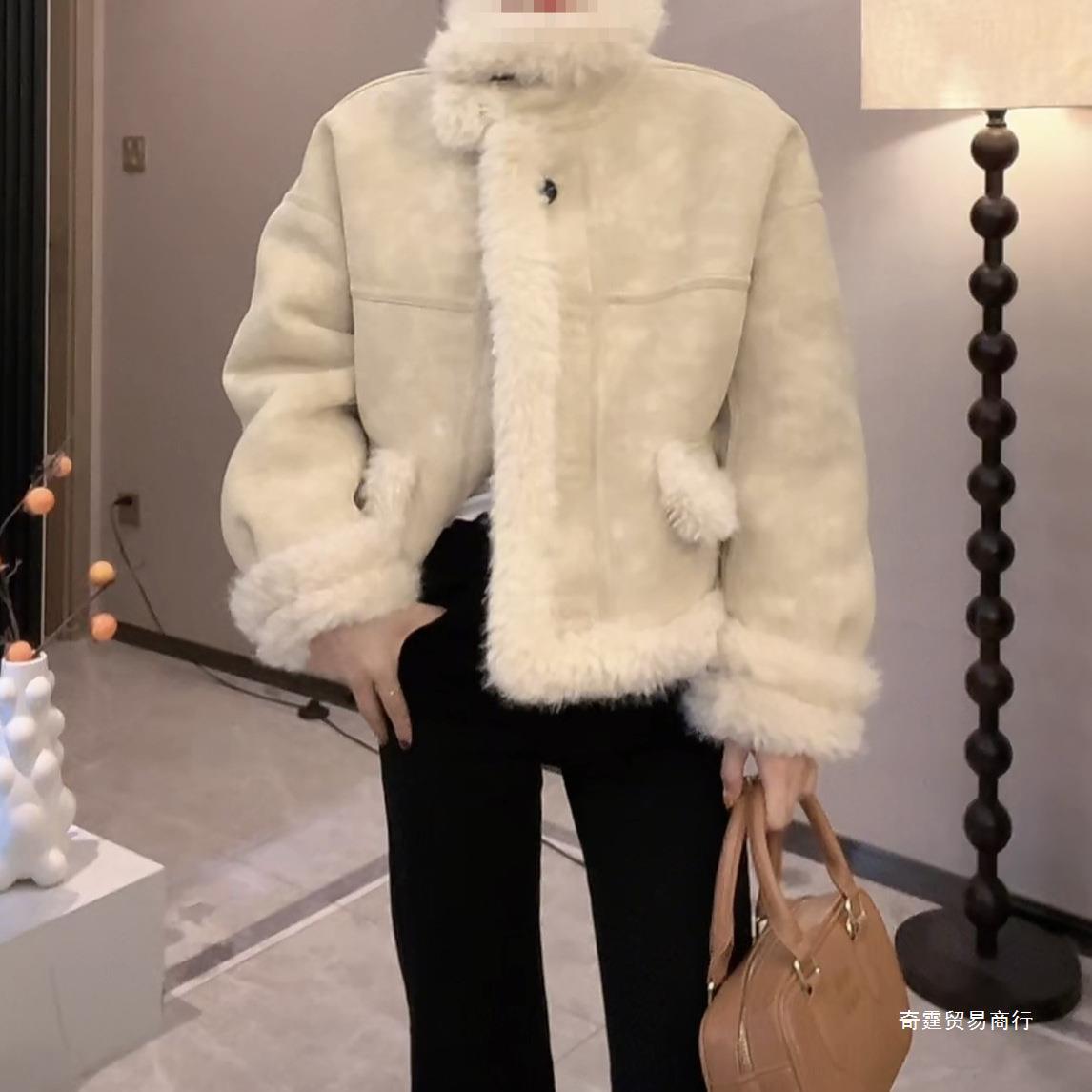 수직 칼라 단일 브레스트 단색 모피 원피스 두껍게 긴 소매 코트 탑 쌀 화이트 다크 브라운 다른 하이 퀄리티