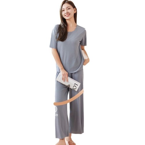 Seamless Couple Pajamas for Women, Summer Ice Silk Cool Short-Sleeve Crewneck Unisex Fashionable Home Wear Set