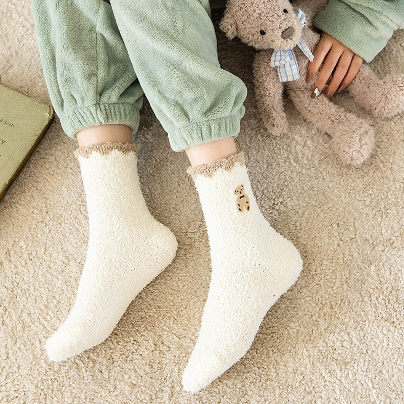 Coral velvet demi-season keep warm cartoon knee socks, with little bears, with embroidery, mid-length, increased thickness