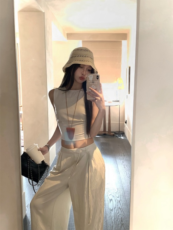 短款无袖背心上衣女夏季时尚气质套装休闲宽松显瘦阔腿长裤两件套|undefined