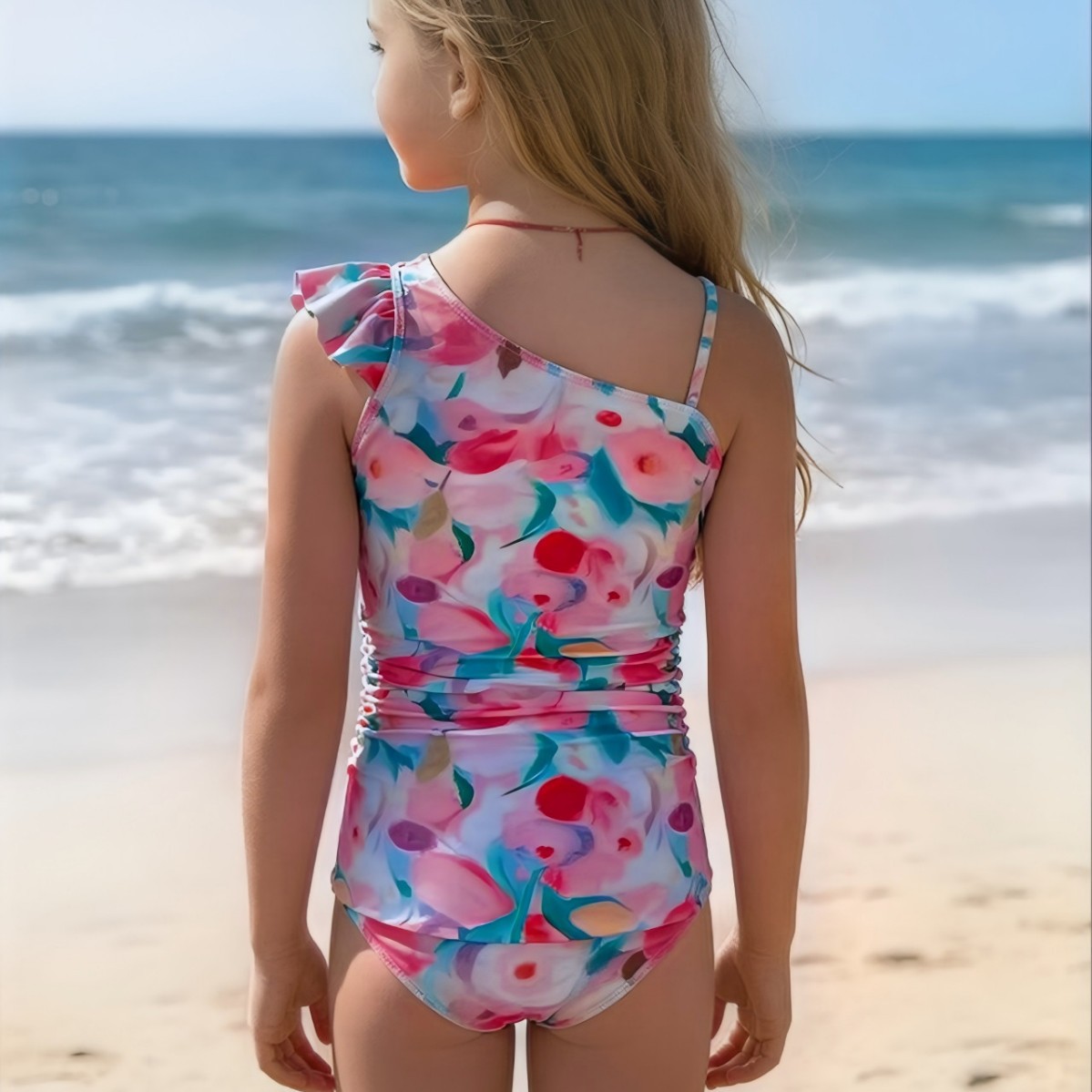 Novo estilo retrô, delicado, macacão de banho para o verão, com estampa de pintura a óleo e design plissado, para meninas de 3 a 7 anos._voghion.com