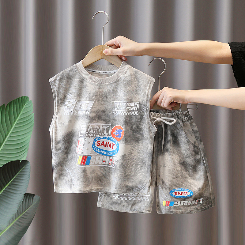 7493 Traje deportivo teñido anudado para niños Estilo de verano Chaleco sin mangas guapo Estilo occidental Ropa de verano para niños Ropa de baloncesto Conjunto de dos piezas