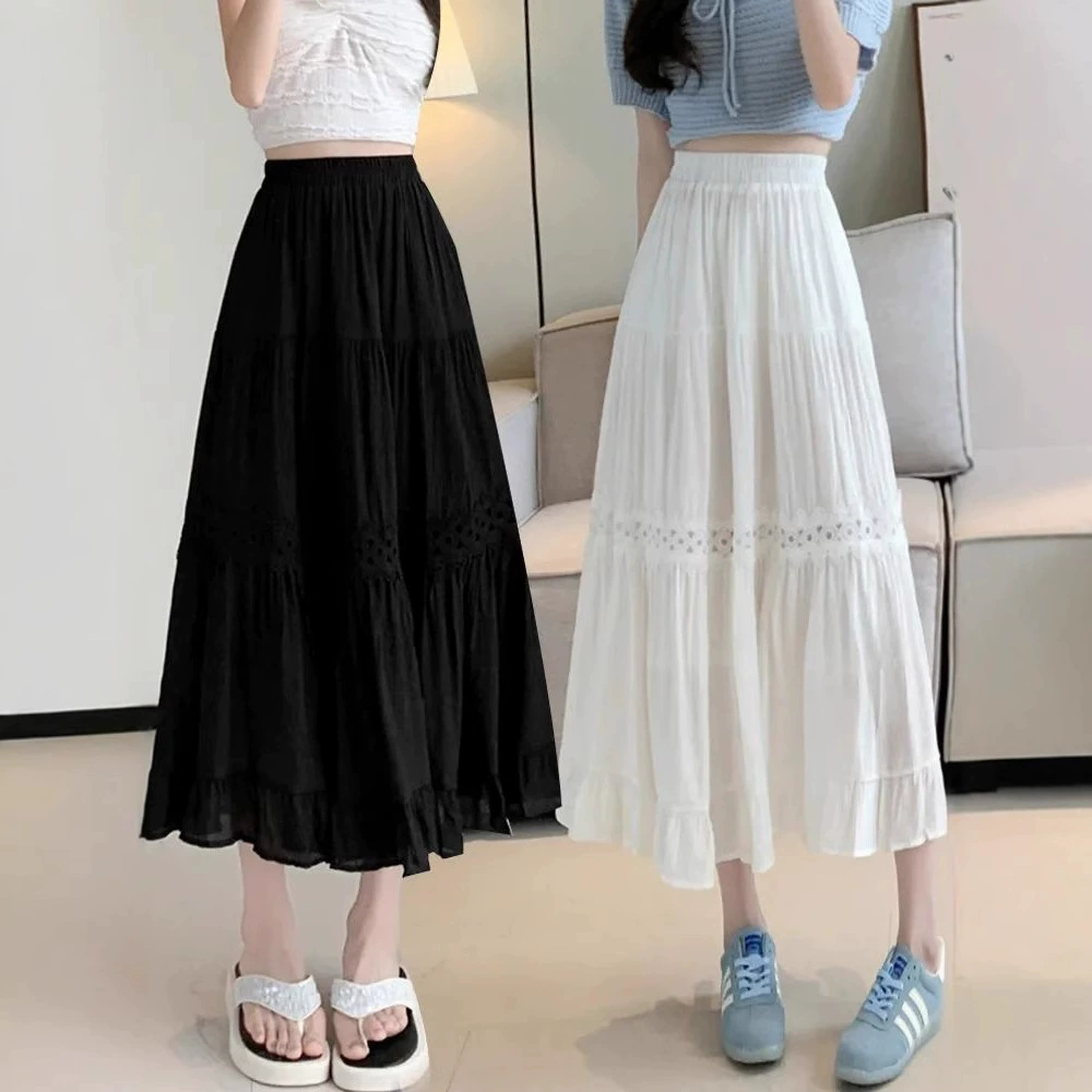 Белая юбка для женщин, новинка 2025 года, летняя юбка трапециевидной формы, юбка средней длины с высокой талией, юбка-зонтик, юбка средней длины