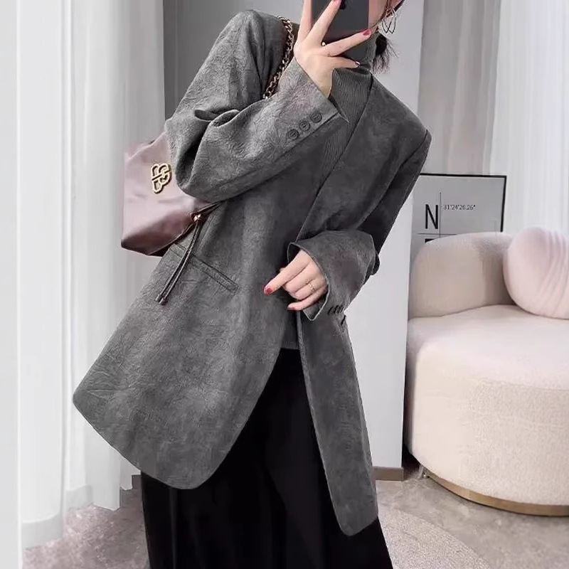 Plus Size Gray Collarless Suit Jacket for Women in Autum Fat mm Elegant Fashionable Loose Lace-Up Suit Top