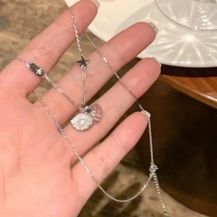 Yinbei S925 スターリングシルバーフルダイヤモンド中空シェルパールネックレスレディースライトラグジュアリーハイエンド多用途絶妙なニッチ鎖骨チェーン