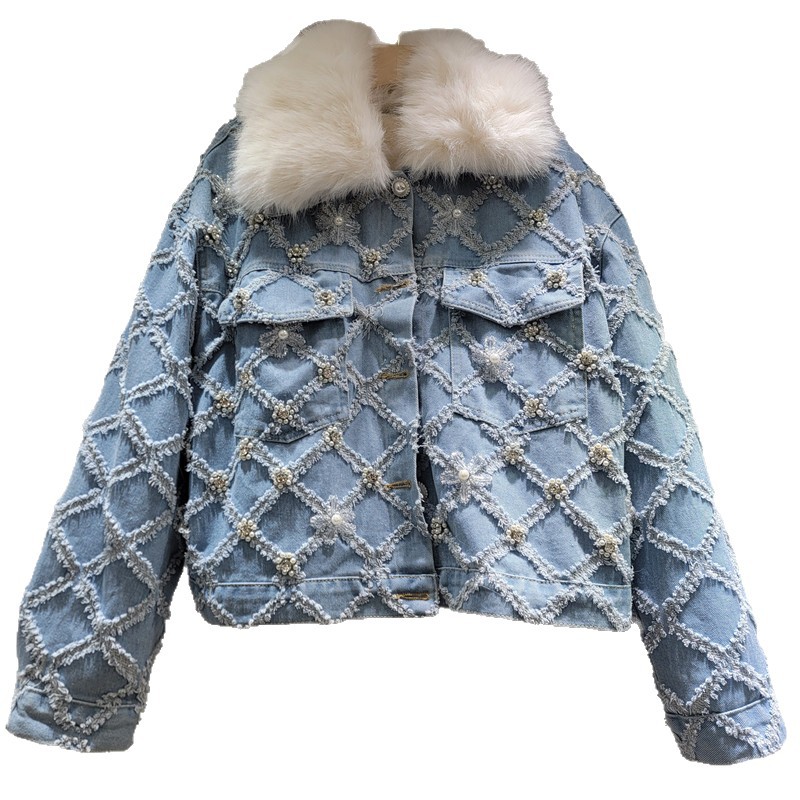 Jacquard diamante denim cristal flor clavos perlas industria pesada acolchado denim abrigo de nicho de diseño de algodón image 5