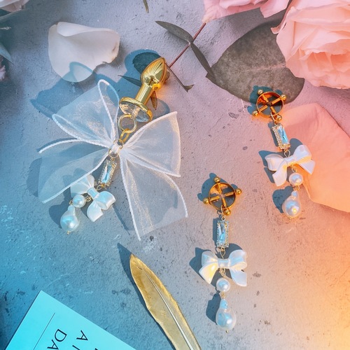 Sex toy bow with diamond white lace bow nipple clamp anal plug flirting and training sm sex toy