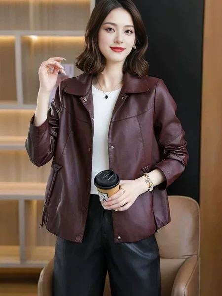 2026 Autumn/Winter Haining New Fashionable Women's Leather Jacket with Turn-down Collar, Casual Loose Slimming Versatile Leather Coat