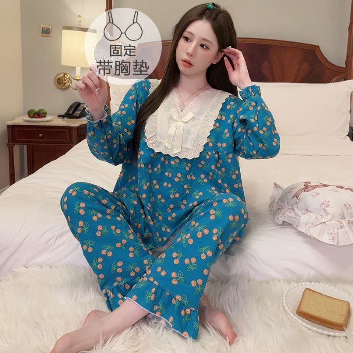 胖mm睡衣女春秋季薄款带胸垫云朵棉公主风碎花长袖套装大码家居服|undefined