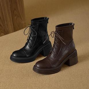 In-Stock Silent Low-Heeled Chunky 7cm Lace-Up Slim Boots with Back Zipper, Thick-Soled Elastic Spliced Short Boots for Women