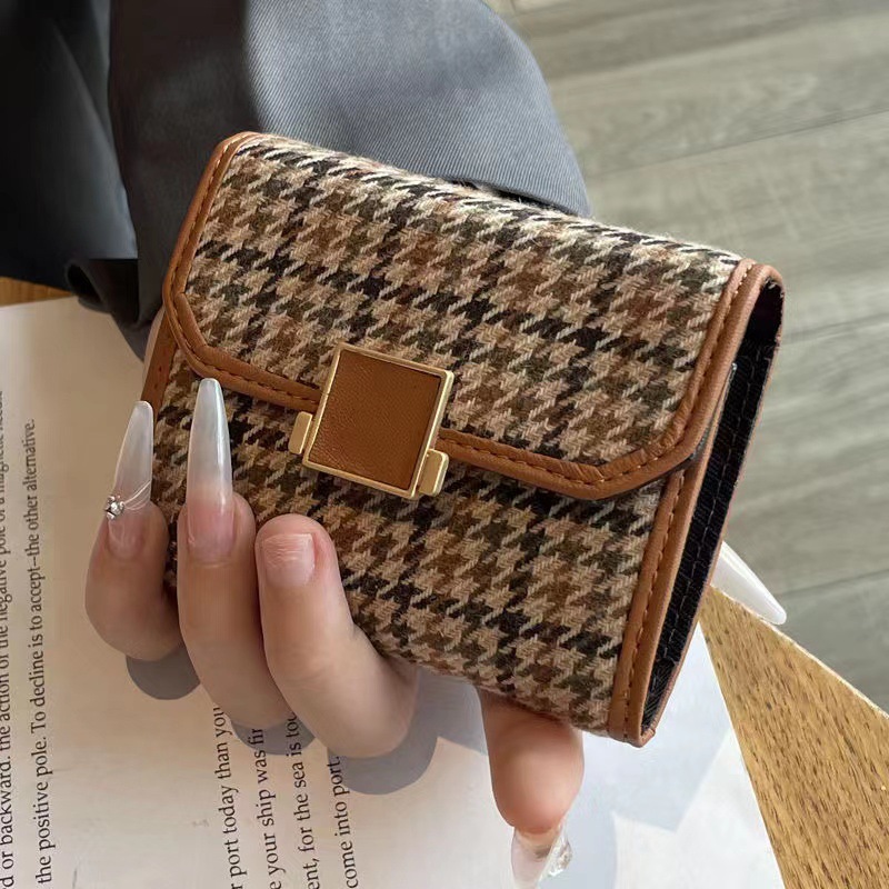 Women's Houndstooth Pattern Short Card Holder Multi Card Slot Wallet Tri Fold Design Bank Card Coin Purse High End Feel_voghion.com
