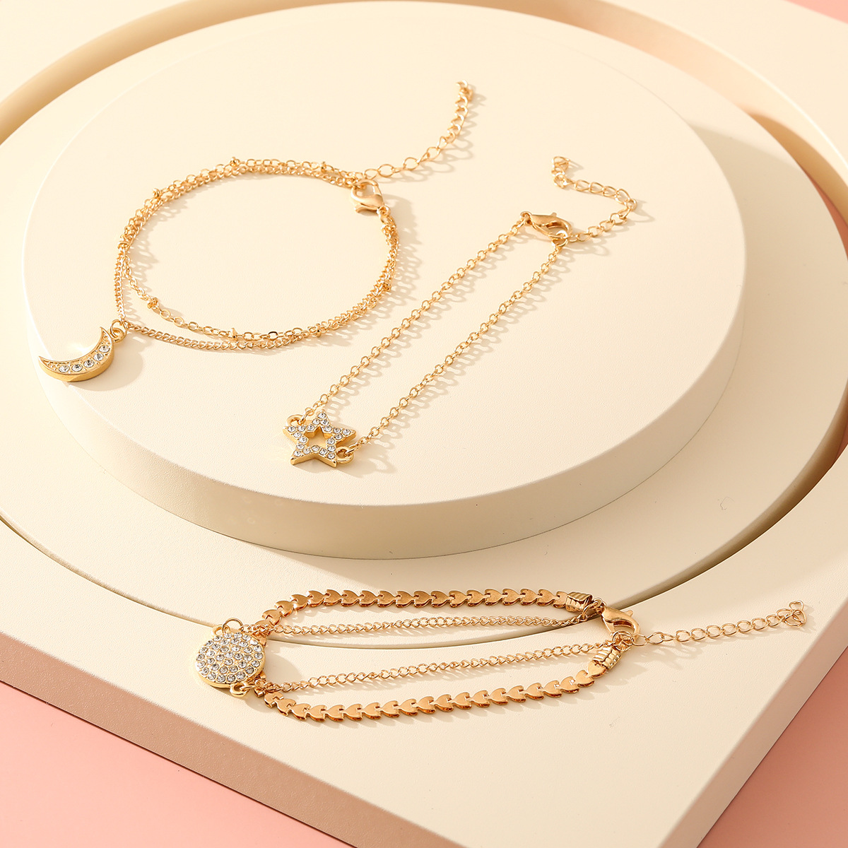 歐美新款流行兒童飾品套裝 合金點鑽月亮太陽星星多層手鏈套裝
