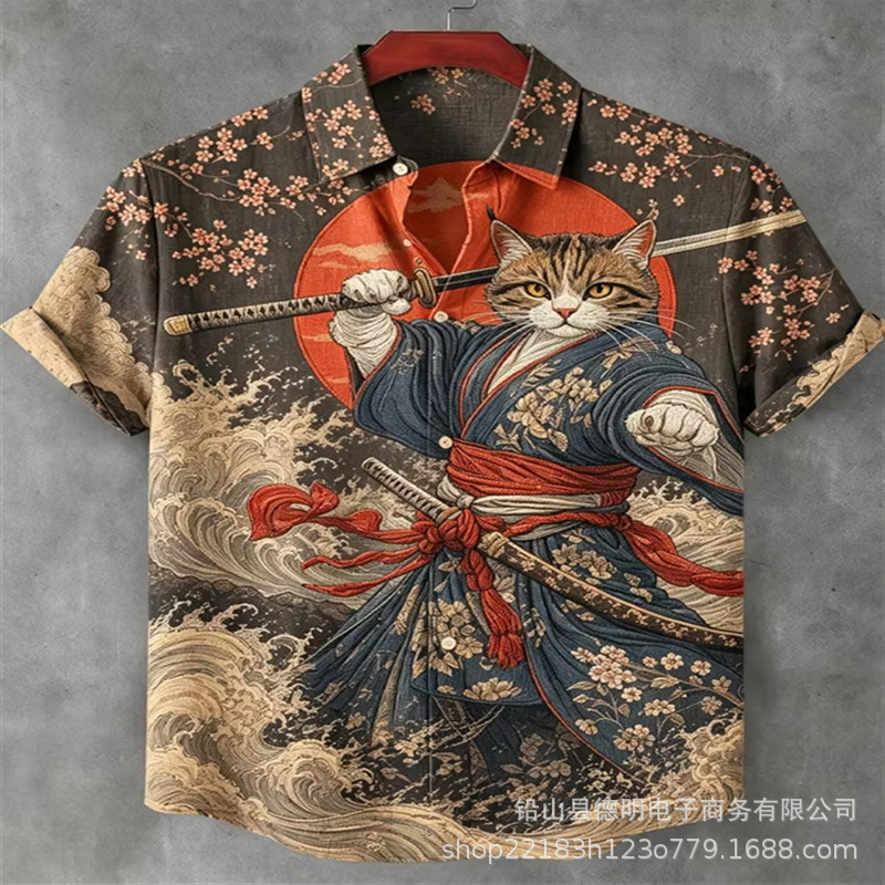 男士短袖亚麻衬衫 单排扣 数码印花 休闲舒适