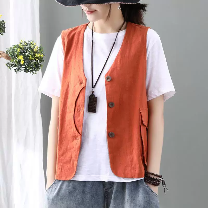 Хлопковый ретро-жилет для женщин весна-лето 2025, свободный, без рукавов, с большими карманами, короткий жилет, повседневный кардиган