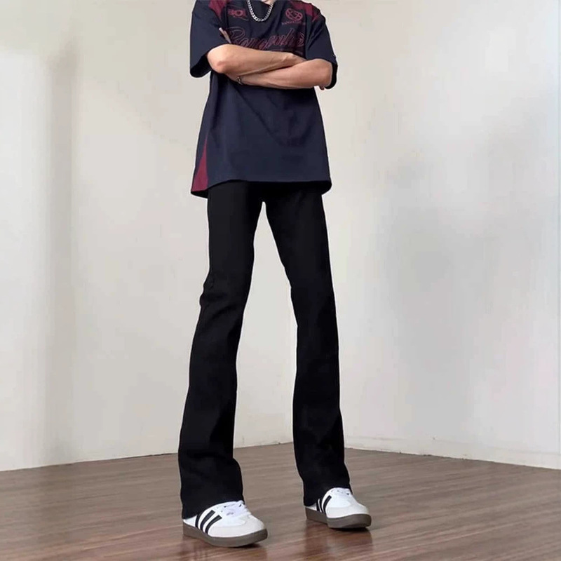 Workwear-style cheap black high-waisted flared jeans for men, American high street slim-fit straight-leg long pants Workwear-style cheap black high-waisted flared jeans for men, American high street slim-fit straight-leg long pants