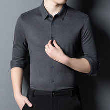跨境轻奢羊绒衬衫男士商务休闲长袖衬衣中老年感时尚免烫