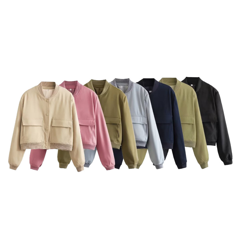 2024 Spring New European and American Style Women's French Short Big Pocket Bomber Jacket Women's