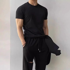純綿の夏の純色のスリム半袖tシャツの男性の新型の通気性のレジャー運動のフィットネスの丸首の底のシャツのファッション
