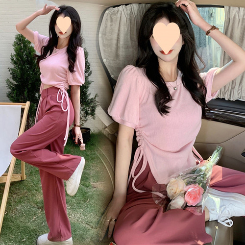 Summer Sporty Casual Set for Women, Hot Girl Style, Drawstring Top + High-Waisted Wide-Leg Pants, Versatile Student Two-Piece Set