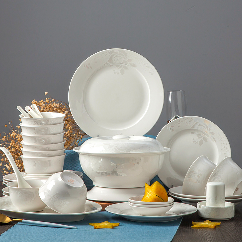 Jingdezhen glazed color ceramic tableware White Rose household porcelain bowl set bone china bowl and dish tableware set Wholesale