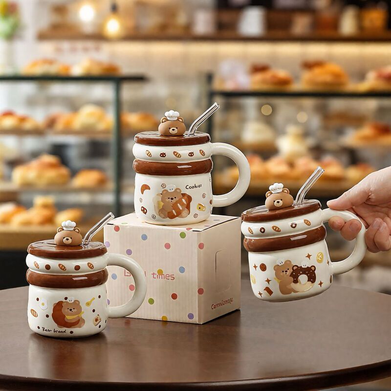2025新品热销吸管杯可爱面包小熊陶瓷杯带盖带吸管卡通马克杯水杯|undefined