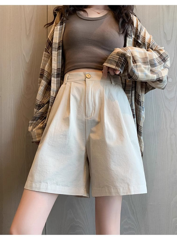 女性用純綿スーツショーツ、夏用薄手Aラインカジュアルワイドレッグミッドパンツ、ハイウエストストレートスリム5点パンツ|undefined