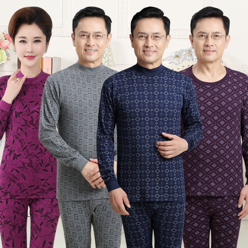 Middle-aged and Elderly Men's Autumn Clothes and Pants Thin Mid-high Neck Thermal Underwear Women's Full Cotton Old Men's Cotton Sweater Set