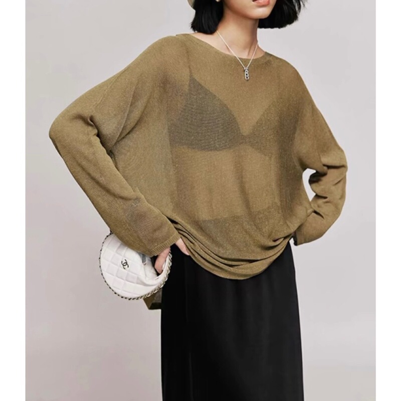 Amyy Studio Sunscreen B Slightly Cool Linen Yarn Long Sleeve Knitted Sweater Hollow Blouse Top Summer