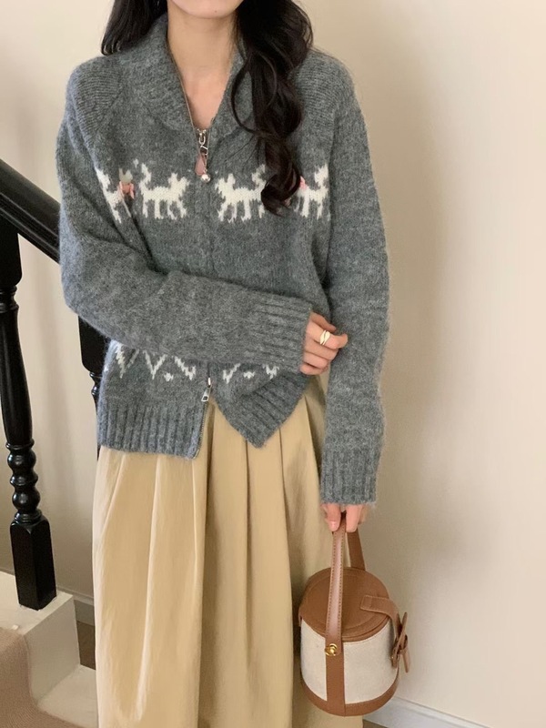 韩版费尔岛复古提花翻领毛衣女秋冬新款宽松软糯长袖针织上衣外套|undefined