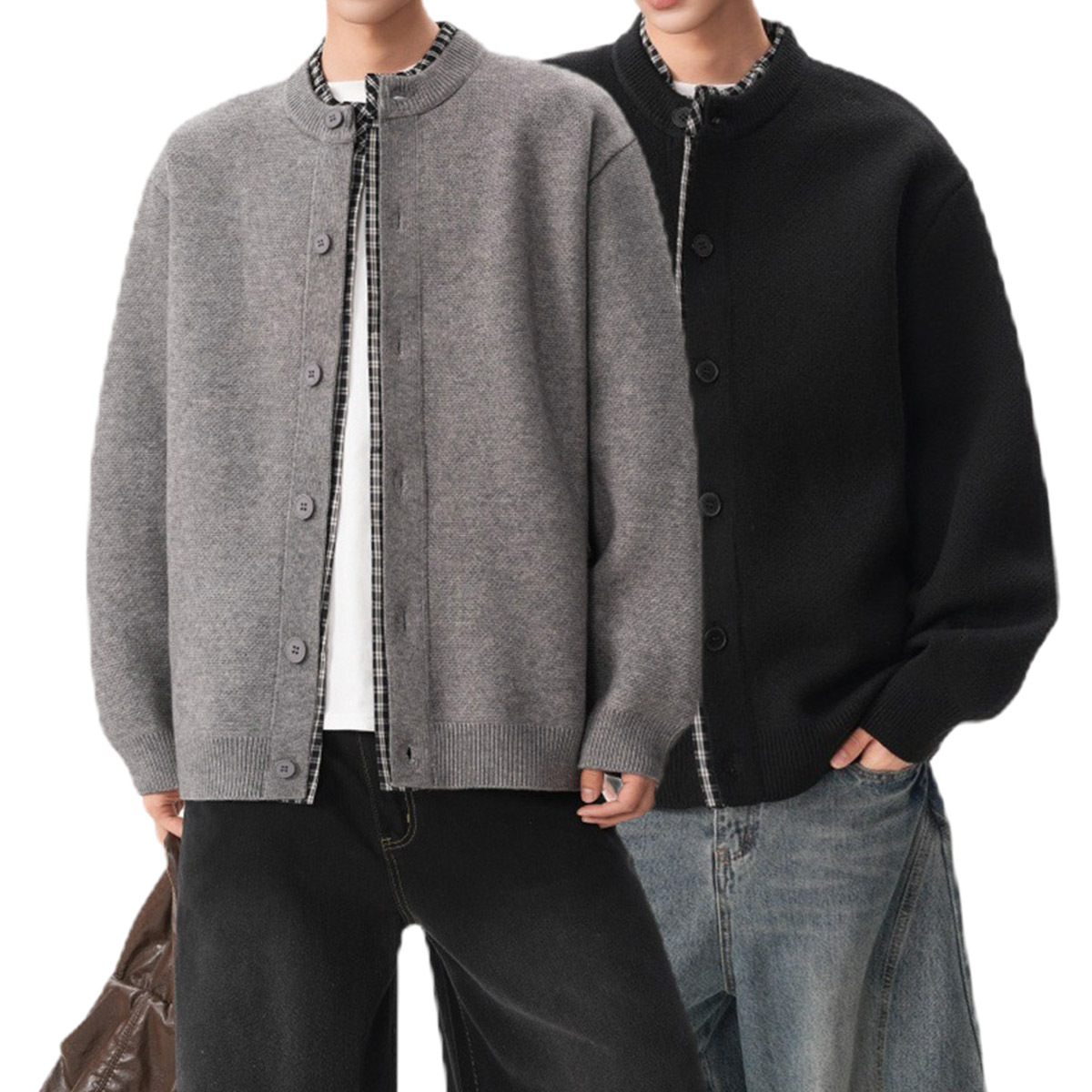 Explosiones transfronterizas camisas a cuadros de tamaño grande europeo falsas dos piezas camisas de punto suéter cardigan chaqueta de moda fábrica al por mayor