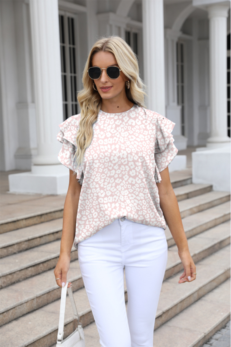 Women's Clothing Round Neck Printed Ruffled Short Sleeve Chiffon Shirt Fragmented Pullover T-shirt_voghion.com