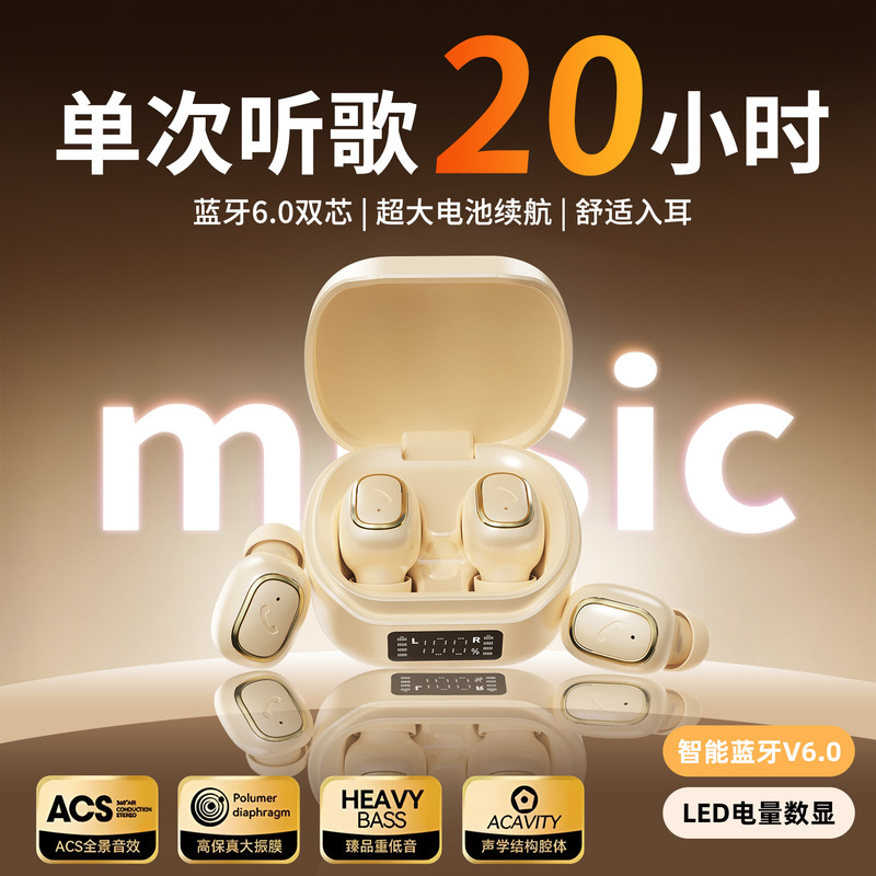 Sk46 Earbud-Style Rechargeable Bluetooth Headset with Battery Compartment, Stereo Support, Digital Display, Wireless, Mini, Small