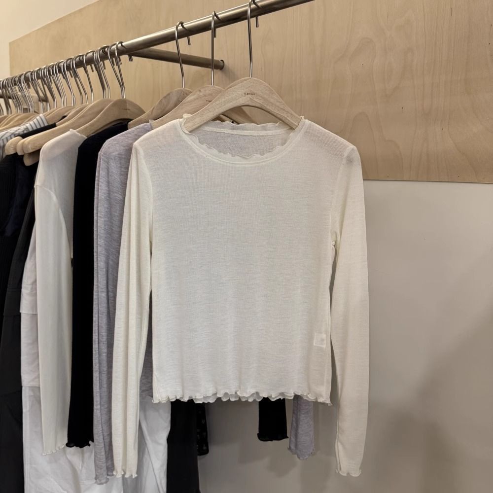 Lyocell Tencel 코튼 귀 장식 긴팔 티셔츠 여성용 새 스타일 슬리밍 기본 다용도 얇은 바닥 탑 트렌디
