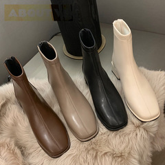 ブドウのお母さんのstudio leeのやせている靴の女性のレトロな秋冬の新型のベルベットの百合の角の頭の太さと短い筒のブーツ