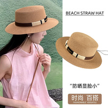 缀金羽毛遮阳帽草编加宽帽檐户外春夏遮阳沙滩帽大帽檐时尚通勤