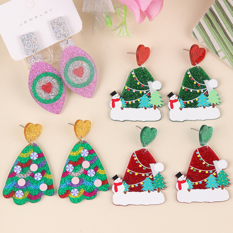 ヨーロッパとアメリカのクリスマスイヤリング、ハート型のカラフルなクリスマスツリー、アクリルイヤリング、シンプルで個性的なイヤリング、女性用イヤリング|undefined