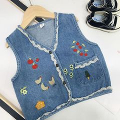 女の子デニムベスト刺繍入り2025年秋冬女の子用多用途ベストベビースタイルベストジャケットトレンディ