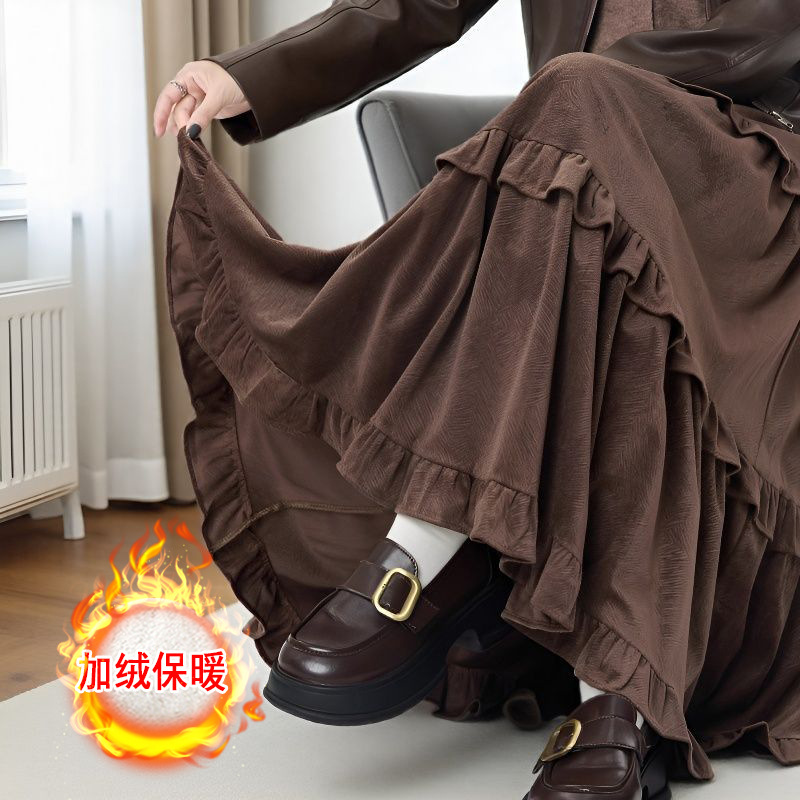 Fleece-Lined High-Waisted Velvet Cake Skirt for Autumn and Winter, Thickened Umbrella A-Line Mid-Length Skirt, Trendy in Stock