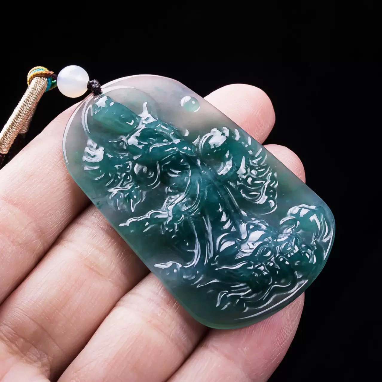 天然a货翡翠蓝水御龙观音龙牌吊坠冰种玉石挂件男士项链女款玉佩