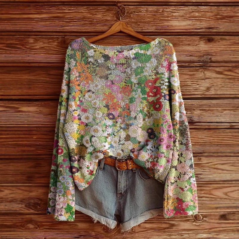 2026 Women's Bohemian Floral Print Casual Pullover Sweater