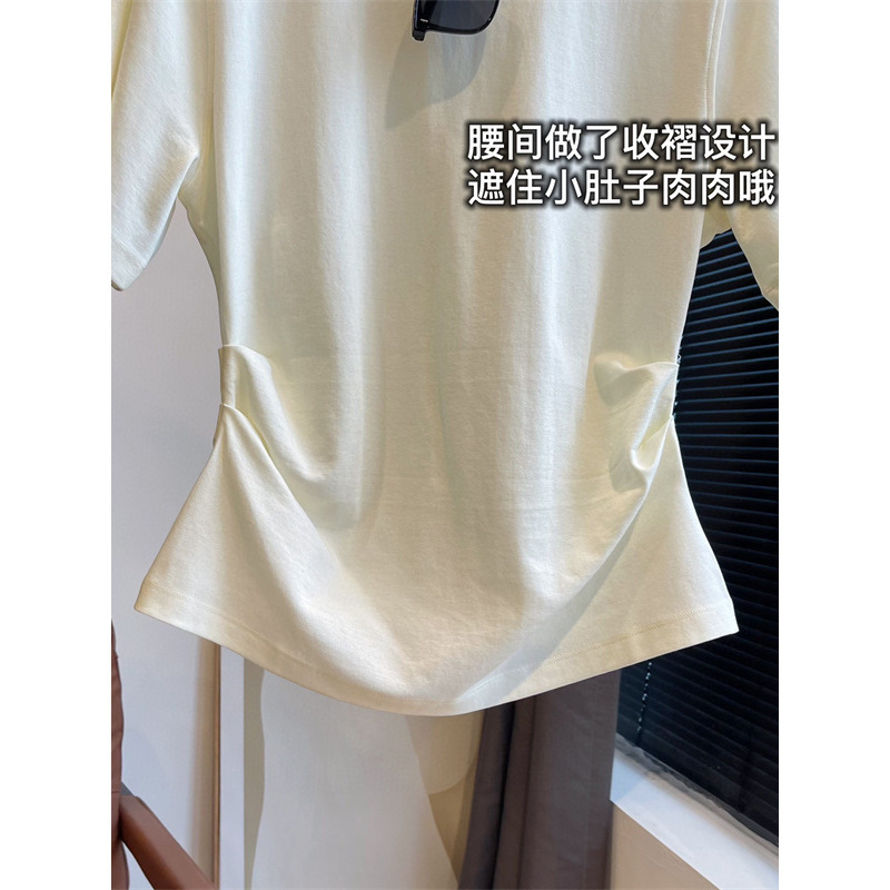 デザイン日本製トリアセテートバックスリットプリーツウエスト痩身半袖Tシャツレディーストップス2025夏新スタイル|undefined