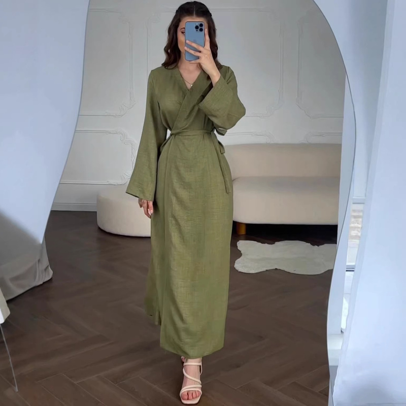 Lace-Up Waist-Cinching Long-Sleeve Dress 2024 Long Dress V-Neck Summer Chinese Zen Style Cool European and American Style Fruit Green Lace-Up Waist-Cinching Long-Sleeve Dress 2024 Long Dress V-Neck Summer Chinese Zen Style Cool European and American Style Fruit Green