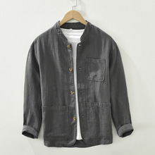 6659日系棉麻休闲长袖衬衫男士复古百搭宽松衬衣外套一件代发
