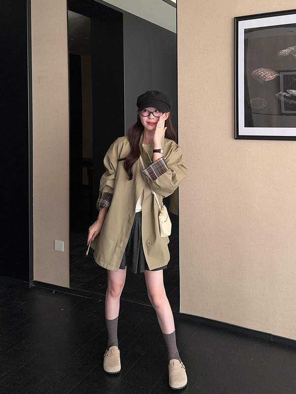 大码女装微胖mm英伦风复古高级撞色中长款宽松风衣外套|undefined