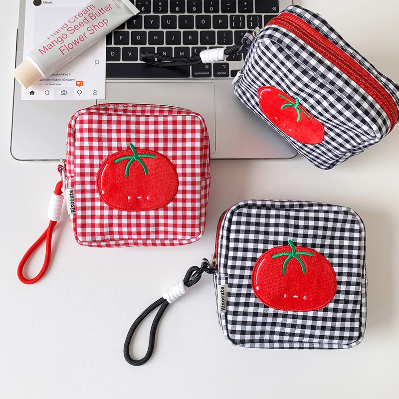 Korean-Style Tomato Plaid Square Bag, Portable Sanitary Napkin Storage Bag for Students, High-Value Bluetooth Earphone Bag, Lipstick Bag Korean-Style Tomato Plaid Square Bag, Portable Sanitary Napkin Storage Bag for Students, High-Value Bluetooth Earphone Bag, Lipstick Bag