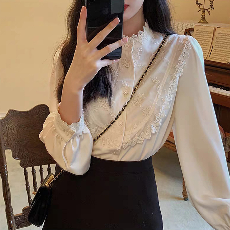 Lace White Shirt Women's Spring and Autumn French Retro Design Style Stand Collar Top Stylish Puff Sleeve Base Shirt