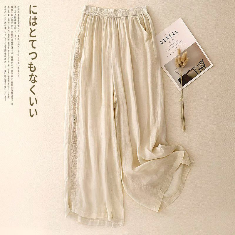 Guofeng Vintage Embroidered Mother's Wide Leg Pants Women's Summer Thin Staggedness Loose Casual Fashion Ankle-length Pants