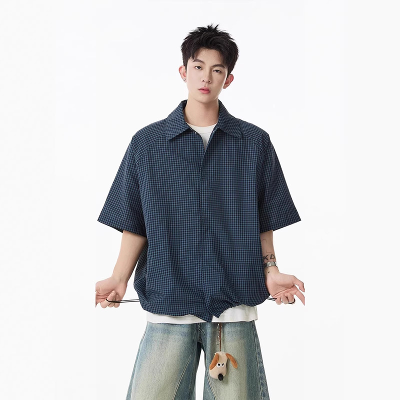 American-Style Pleated Royal Blue Plaid Short-Sleeve Shirt for Men and Women, Cleanfit Three-Dimensional Short Wide Drawstring T-Shirt, Miu Series