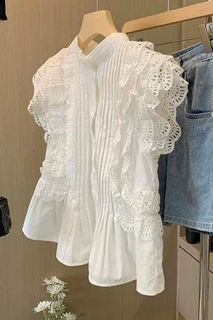 衬衫女无袖蕾丝镂空荷叶边2026春夏季新款设计感小众法式背心上衣