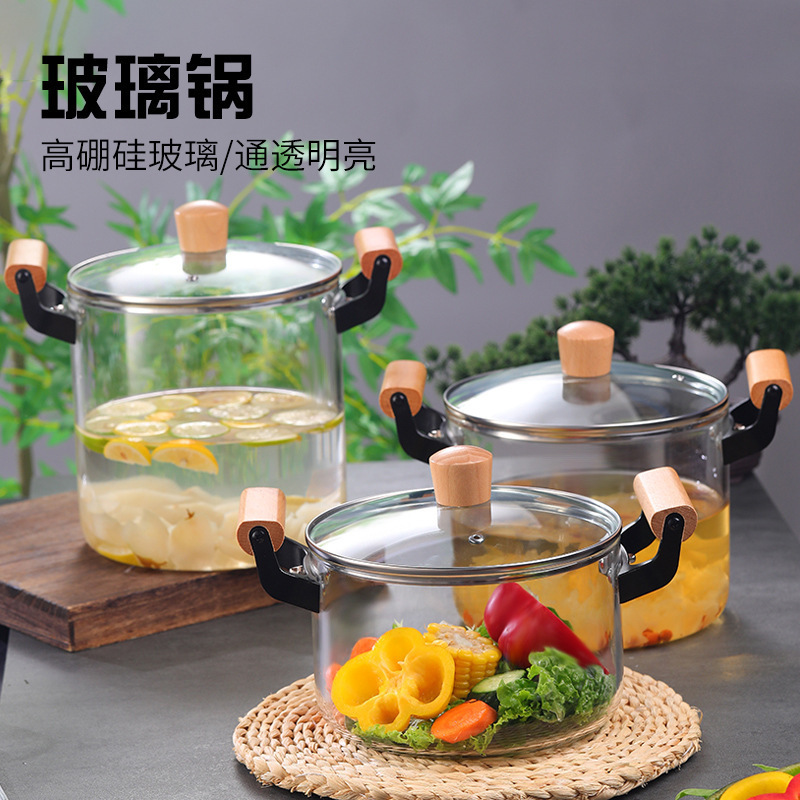 Olla de sopa de vidrio para el hogar, olla de cocción con alto contenido de borosilicato, olla de cocción transparente, estufa de cerámica eléctrica, olla de madera de doble oreja de gran capacidad